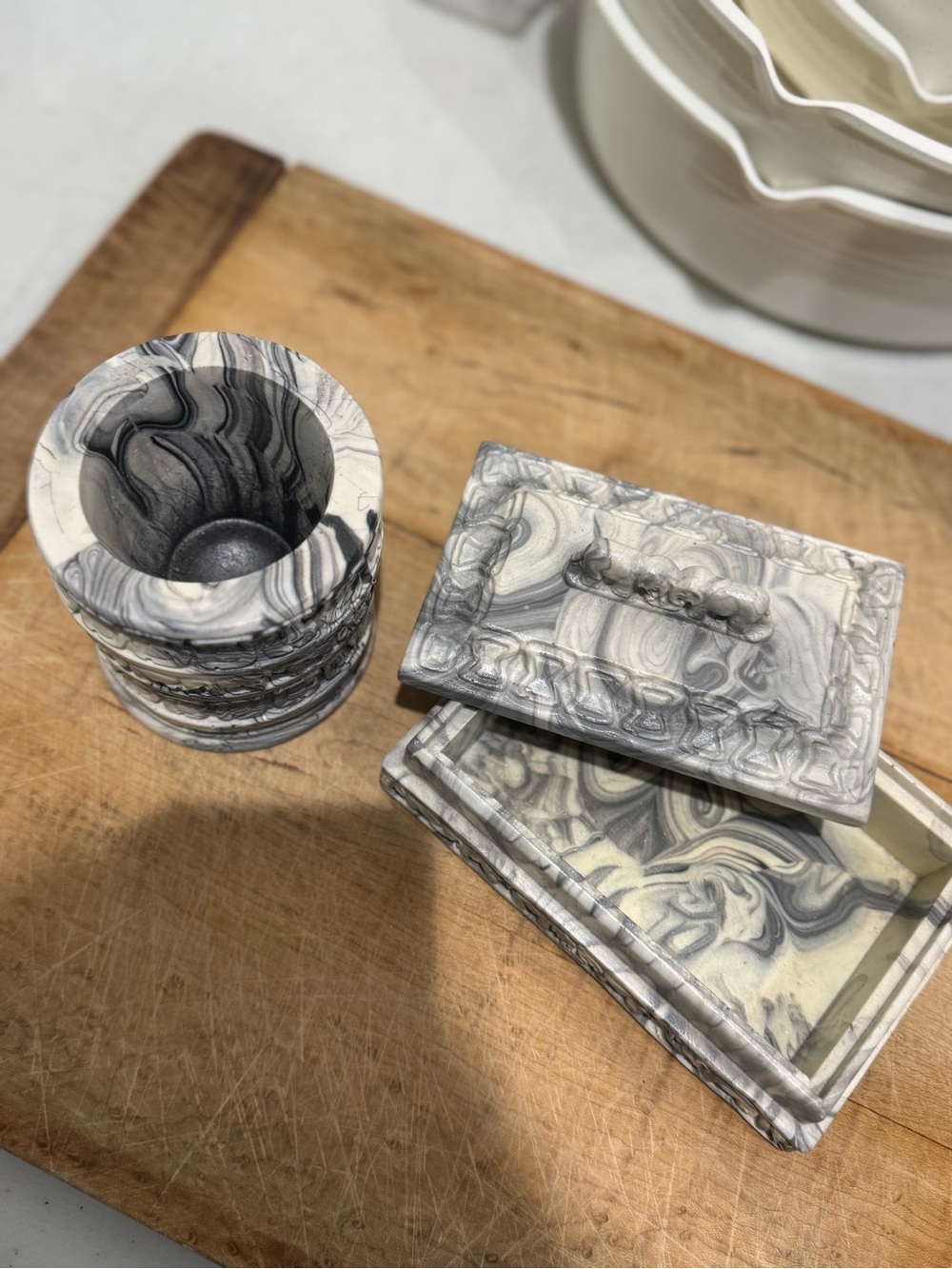 Marbled Soapstone Trinket Box Set - Gray & White
